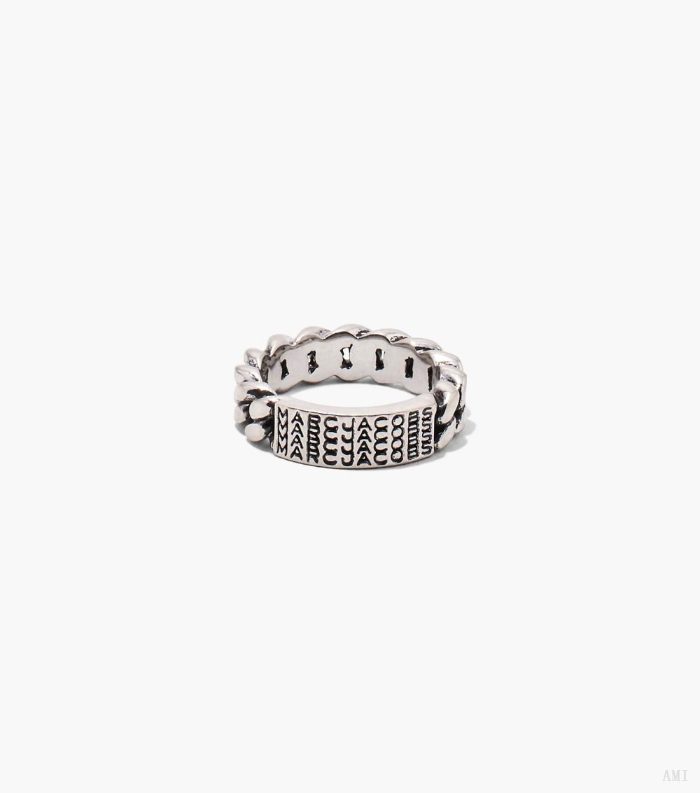 The Barcode Monogram Id Chain Ring - Aged Silver
